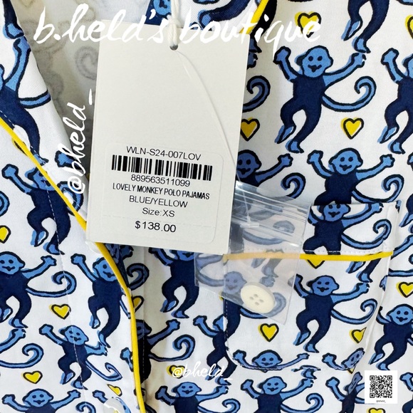 Roller Rabbit Lovely Monkey Polo Pajamas in Blue/Yellow Size XS Brand New NWT - Picture 7 of 14